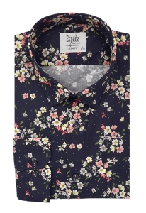 GRANATOWA KOSZULA MĘSKA W KWIATY SLIM FIT MODNY PRINT