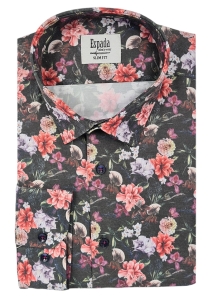 Czarna koszula męska w kolorowe kwiaty slim fit z elastanem