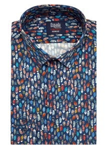 GRANATOWA KOSZULA MĘSKA Z CYFROWYM NADRUKIEM W KOLOROWE PIÓRA DO GARNITURU SLIM FIT